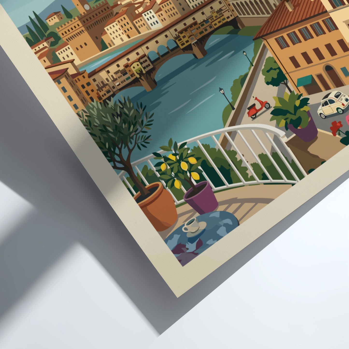 Vintage Florence Italy travel poster featuring the Duomo and Ponte Vecchio cityscape.
