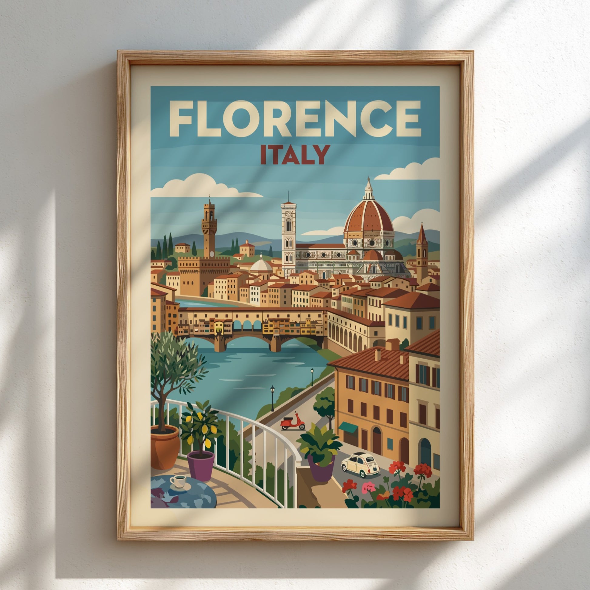 Vintage Florence Italy travel poster featuring the Duomo and Ponte Vecchio cityscape.
