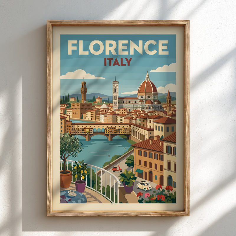 Vintage Florence Italy travel poster featuring the Duomo and Ponte Vecchio cityscape.