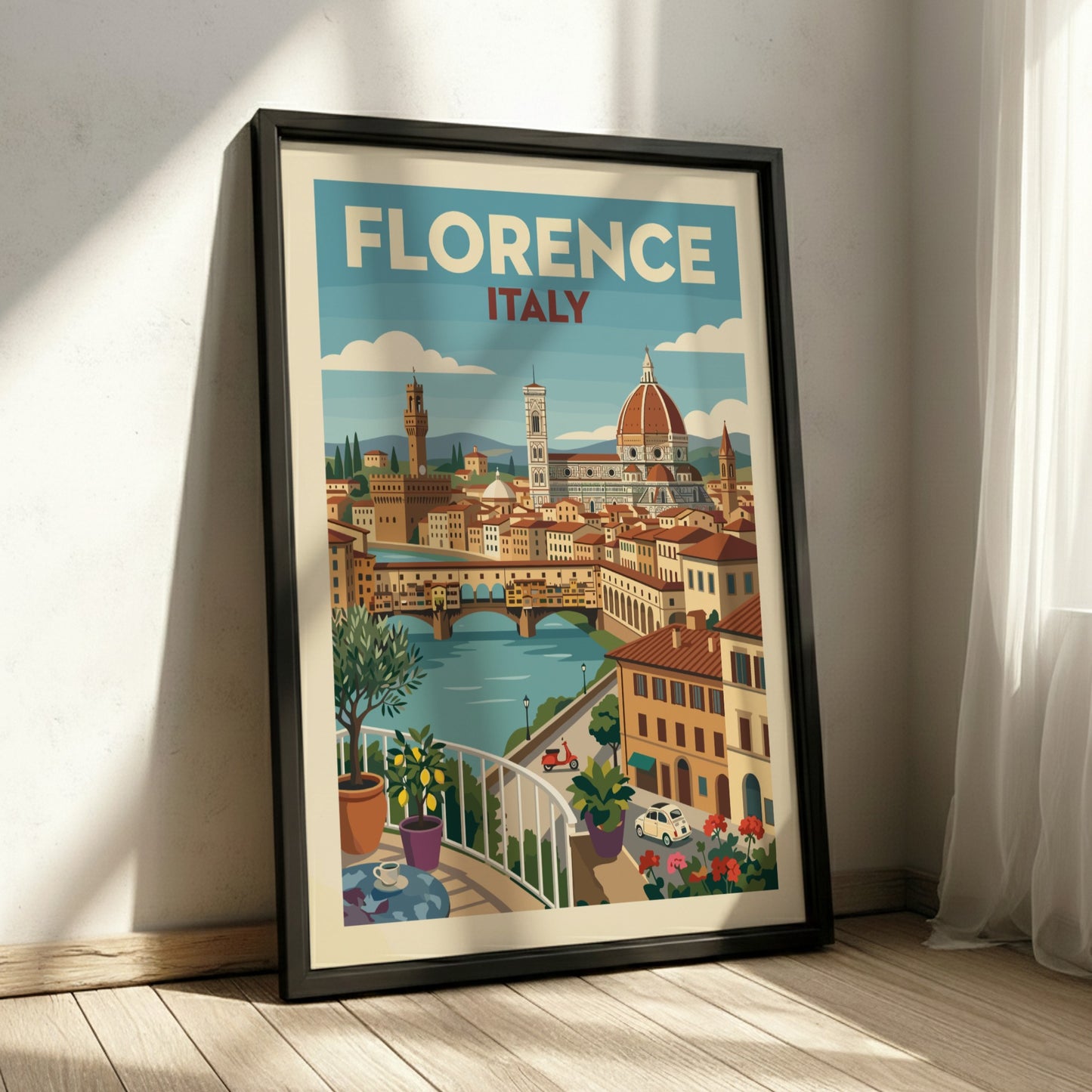 Vintage Florence Italy travel poster featuring the Duomo and Ponte Vecchio cityscape.