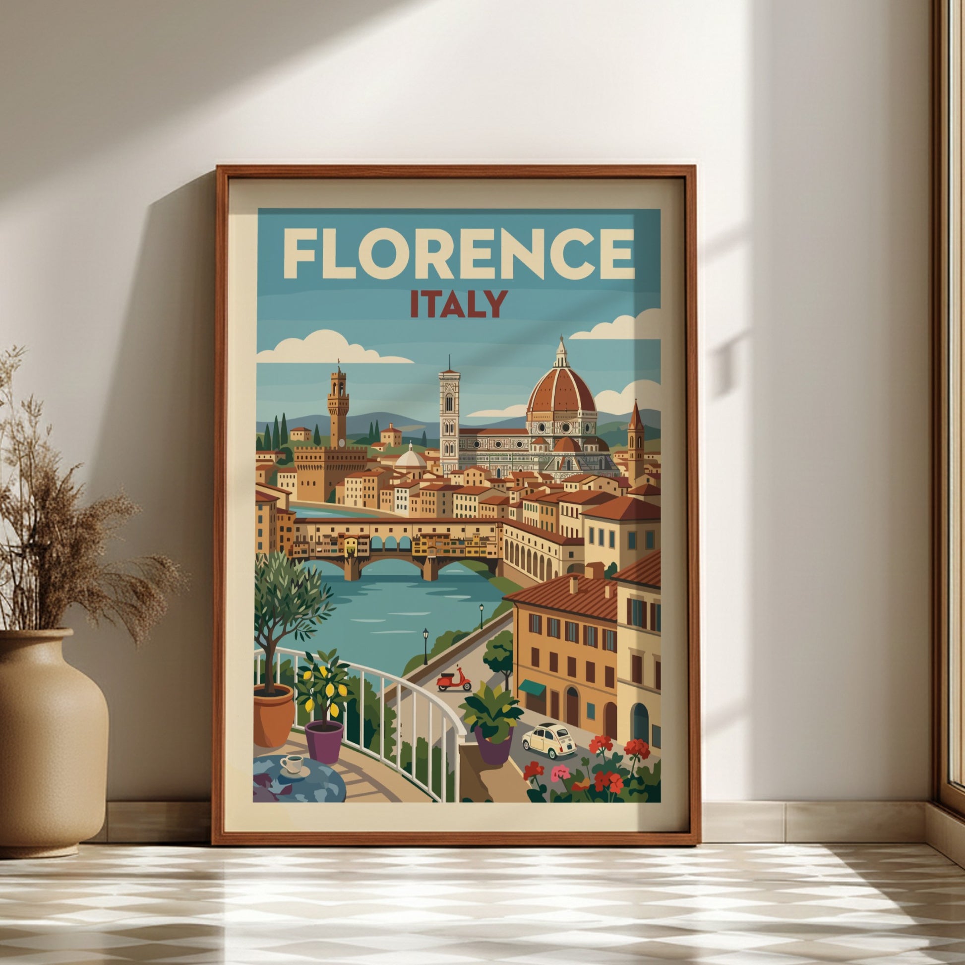 Vintage Florence Italy travel poster featuring the Duomo and Ponte Vecchio cityscape.