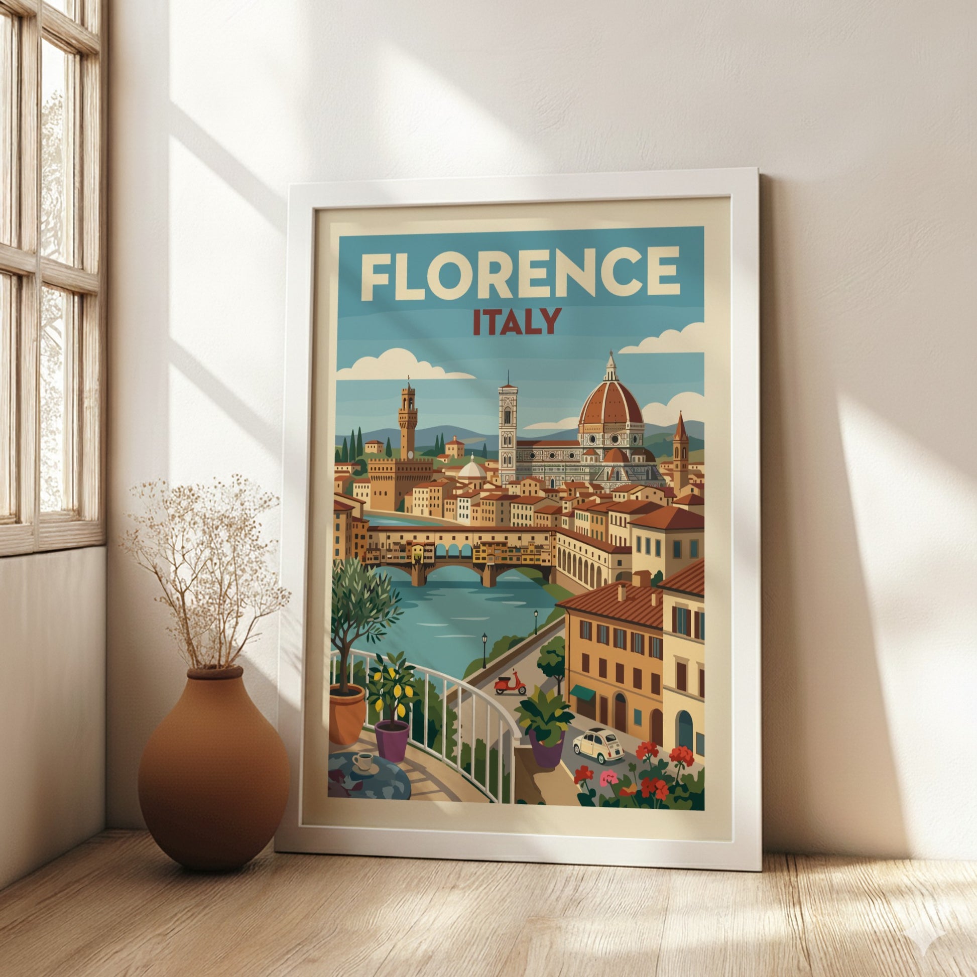 Vintage Florence Italy travel poster featuring the Duomo and Ponte Vecchio cityscape.