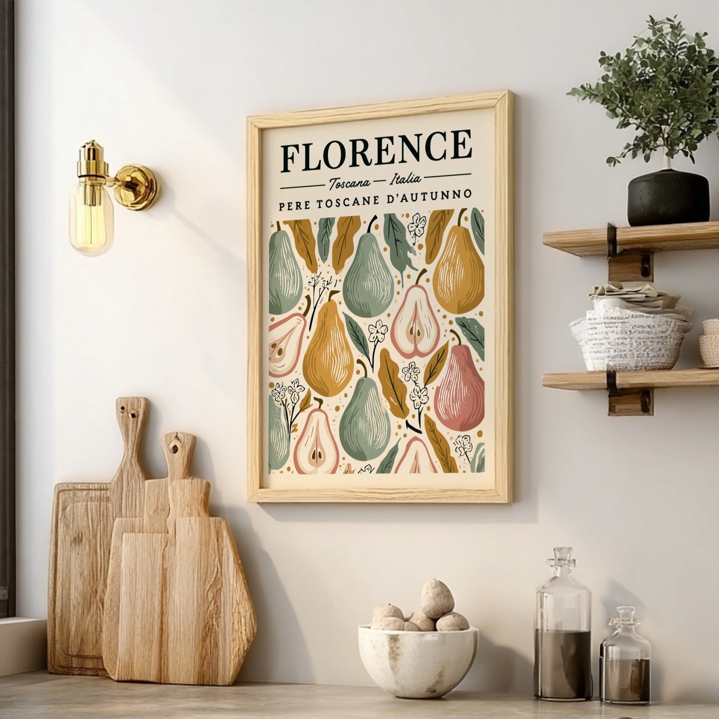 Kitchen poster featuring autumn pears in warm colors, perfect for home decor.