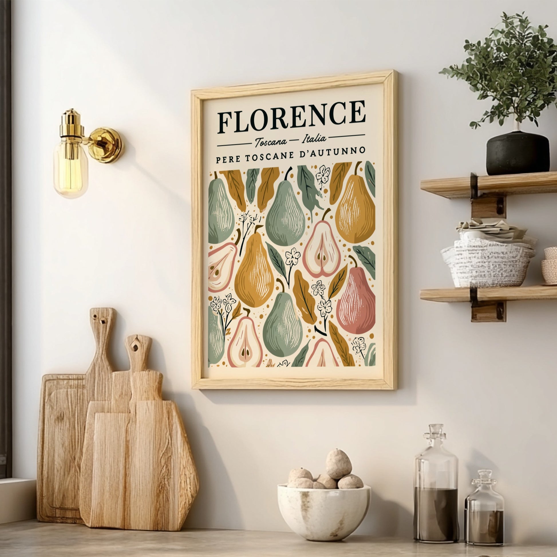 Kitchen poster featuring autumn pears in warm colors, perfect for home decor.