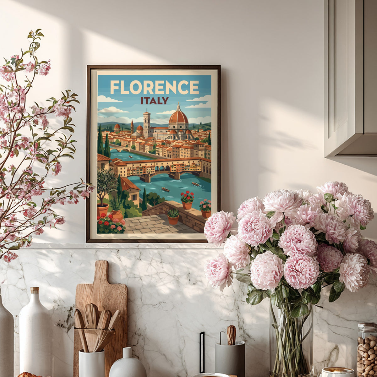 Florence Italy travel poster featuring the Duomo, Ponte Vecchio, and Mediterranean floral terrace.