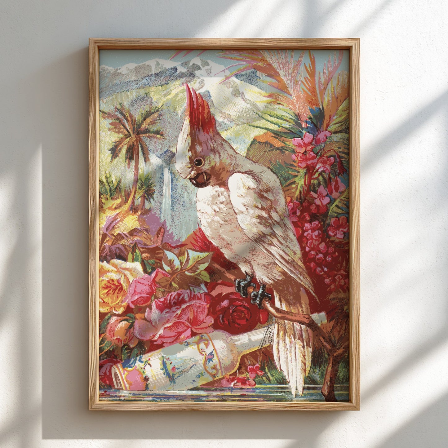 Vintage Florida Water chromolithograph poster featuring a white cockatoo bird, tropical flowers, and a