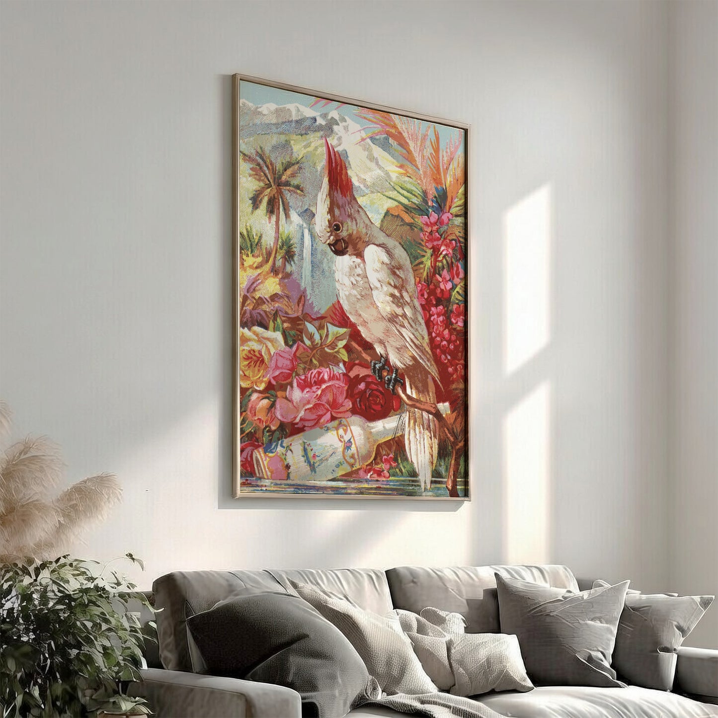 Vintage Florida Water chromolithograph poster featuring a white cockatoo bird, tropical flowers, and a