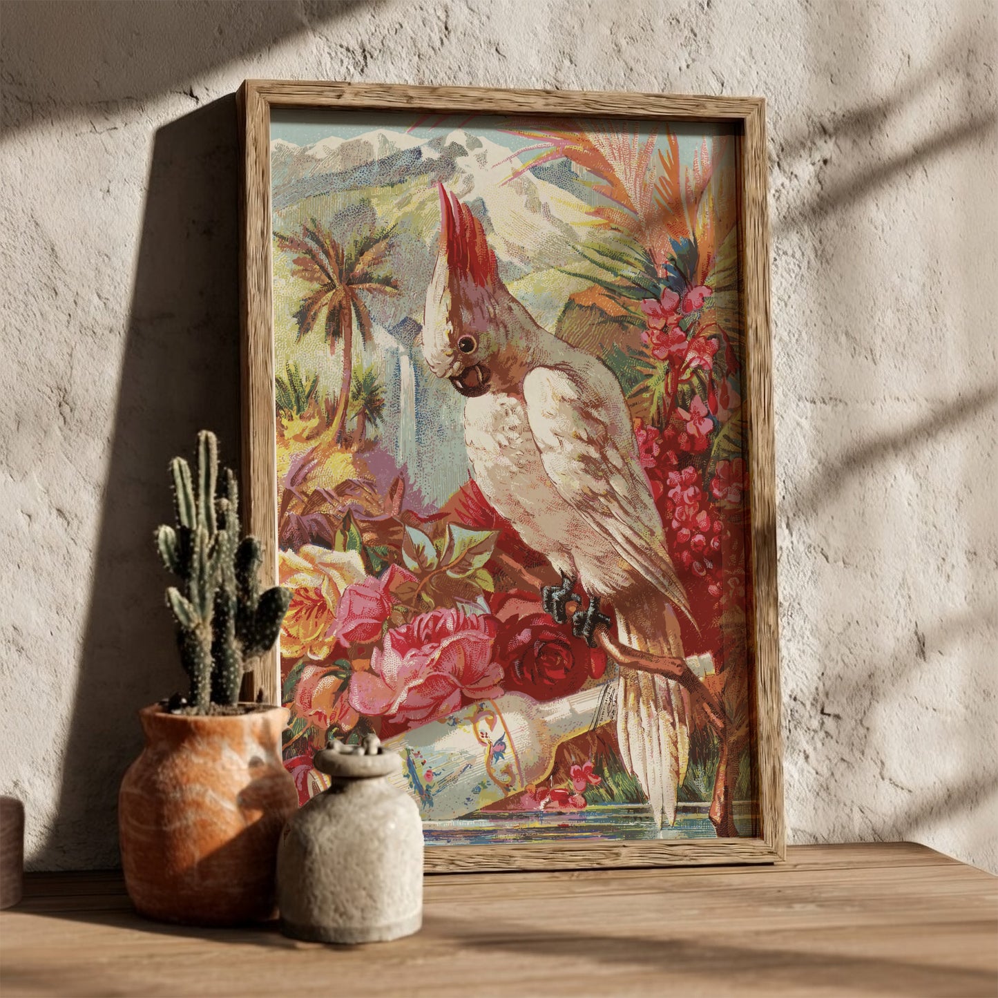 Vintage Florida Water chromolithograph poster featuring a white cockatoo bird, tropical flowers, and a