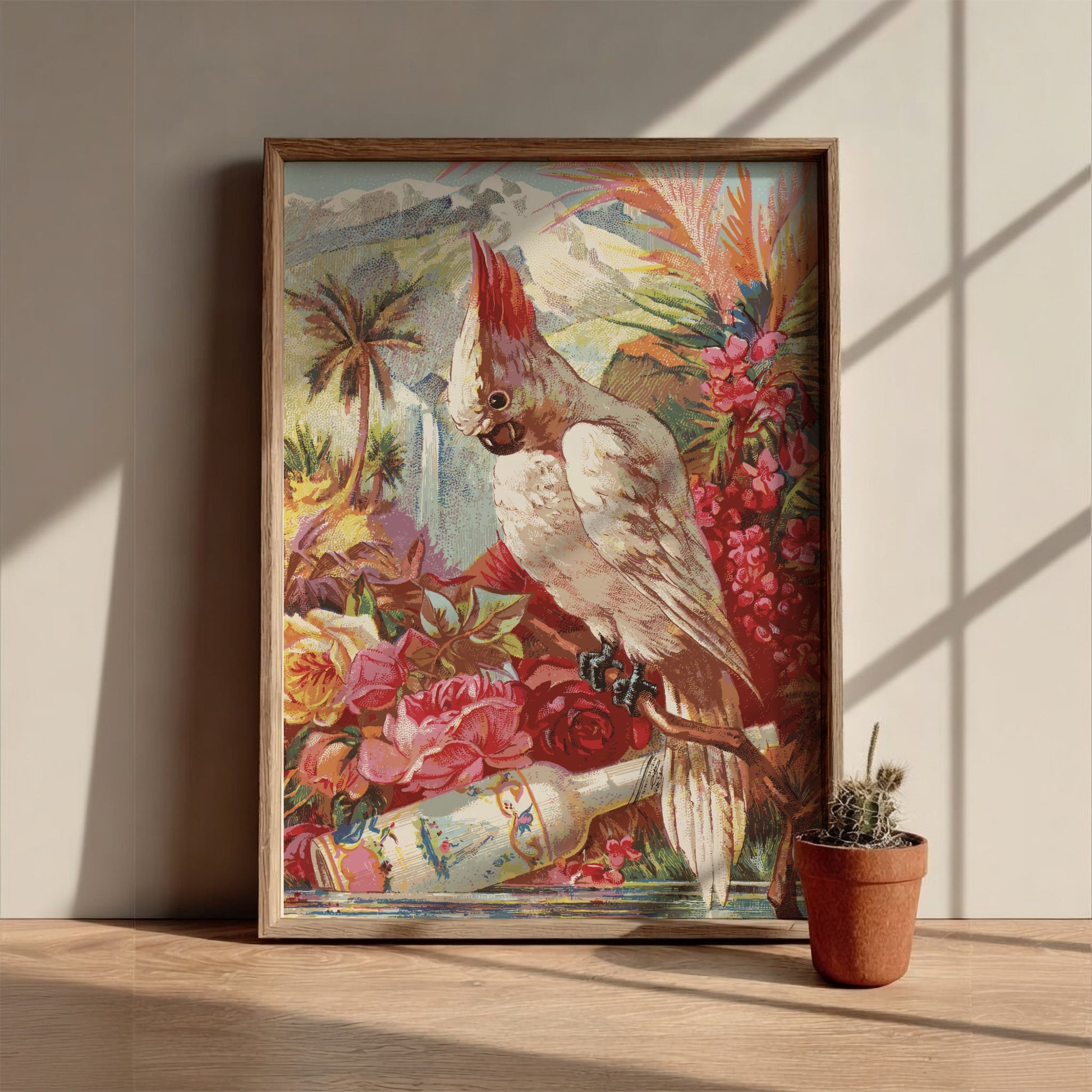 Vintage Florida Water chromolithograph poster featuring a white cockatoo bird, tropical flowers, and a