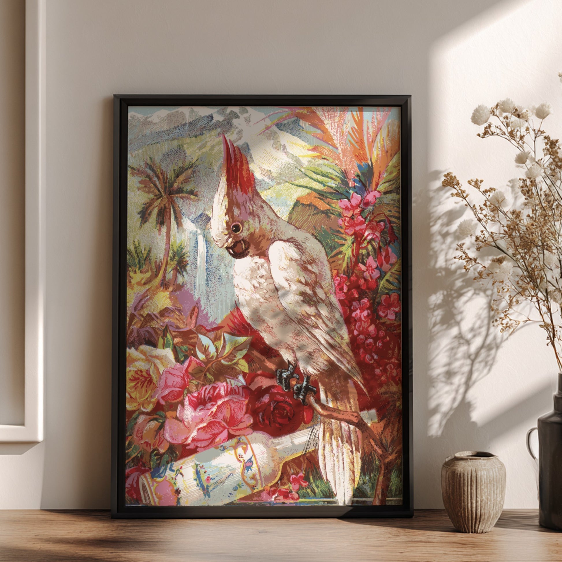 Vintage Florida Water chromolithograph poster featuring a white cockatoo bird, tropical flowers, and a