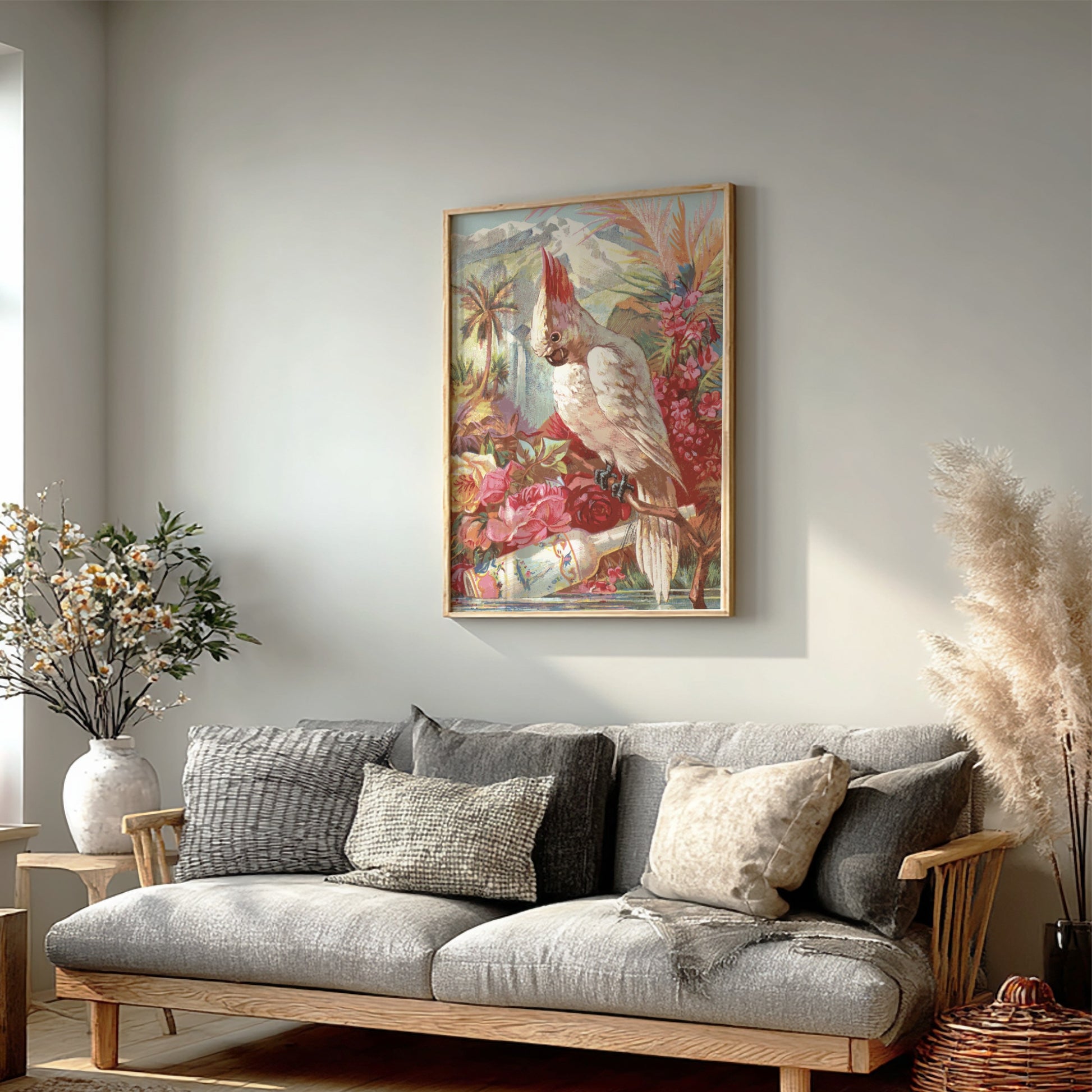 Vintage Florida Water chromolithograph poster featuring a white cockatoo bird, tropical flowers, and a