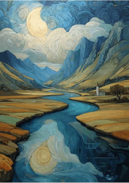 Flow - Winding River Through Green Valley Tranquil Wall Art