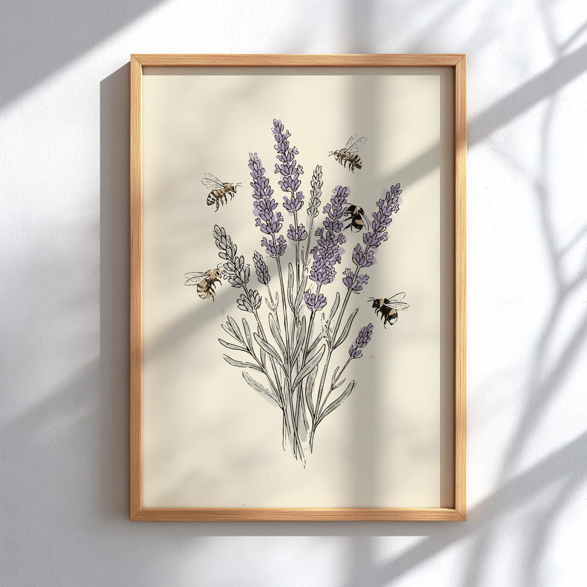 Poster featuring lavender stems and flying honeybees in a soft, sketched botanical art style.