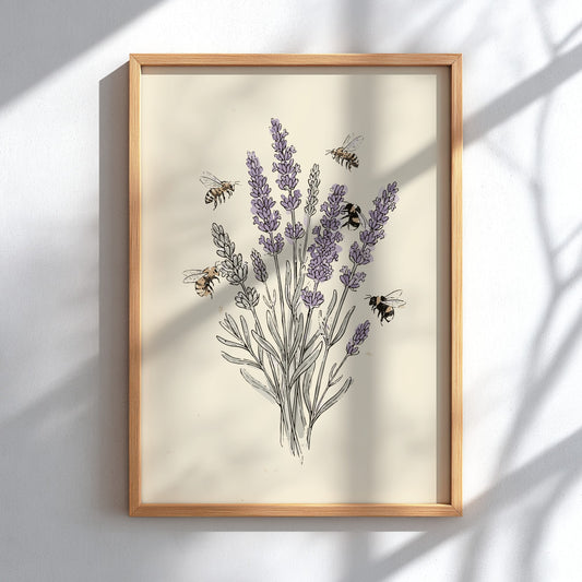 Poster featuring lavender stems and flying honeybees in a soft, sketched botanical art style.