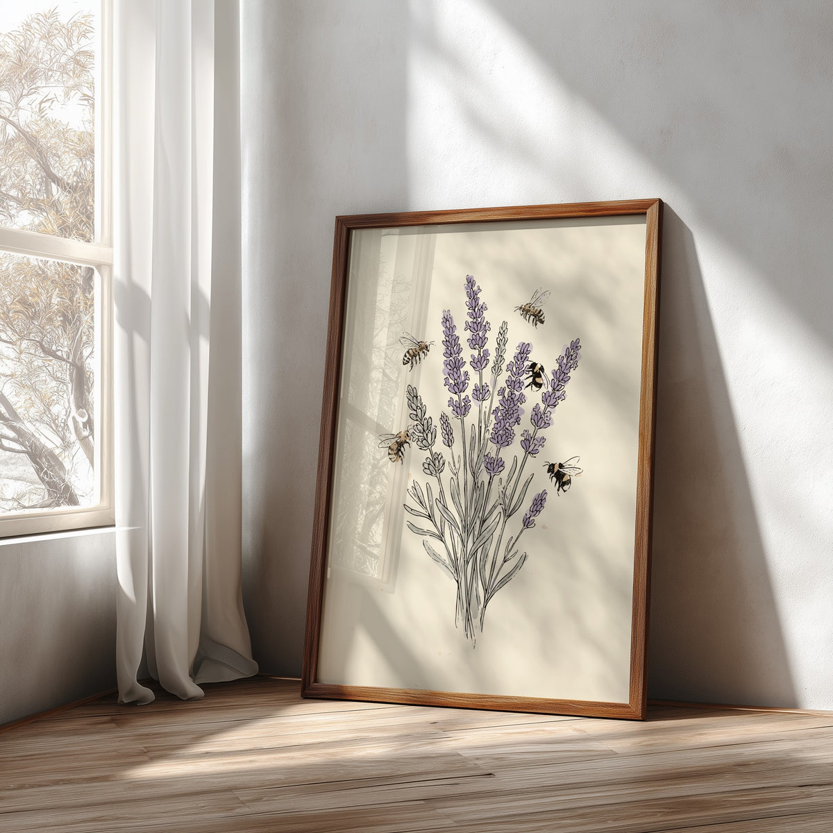 Poster featuring lavender stems and flying honeybees in a soft, sketched botanical art style.