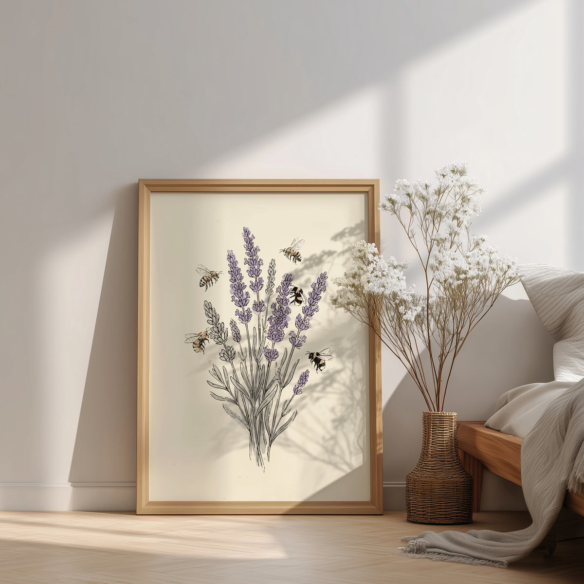 Poster featuring lavender stems and flying honeybees in a soft, sketched botanical art style.