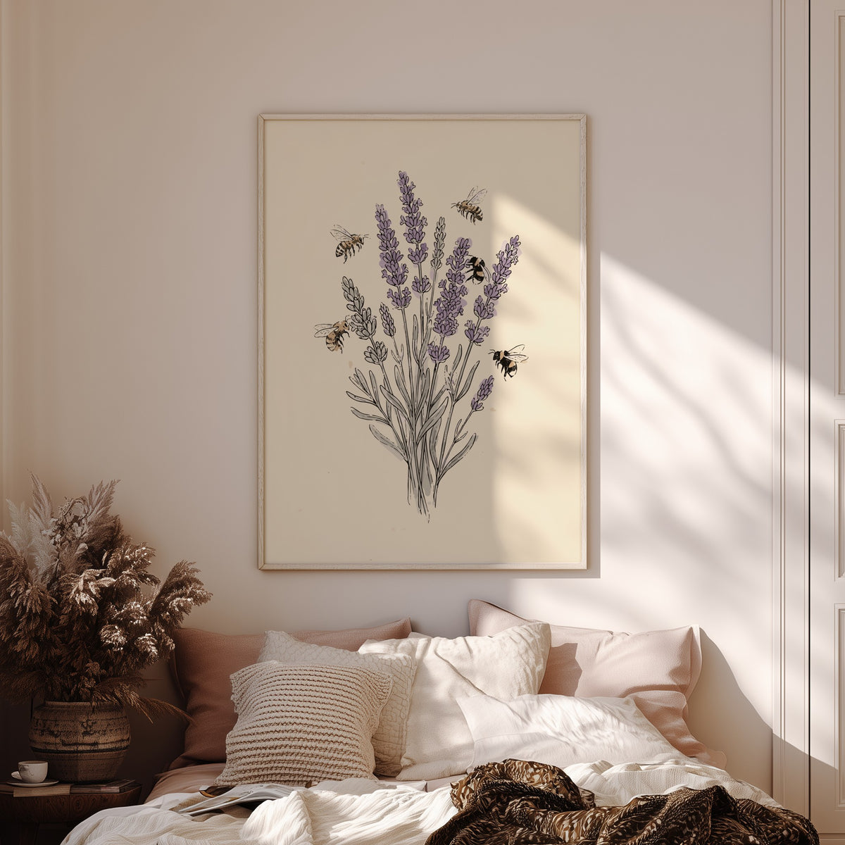 Poster featuring lavender stems and flying honeybees in a soft, sketched botanical art style.