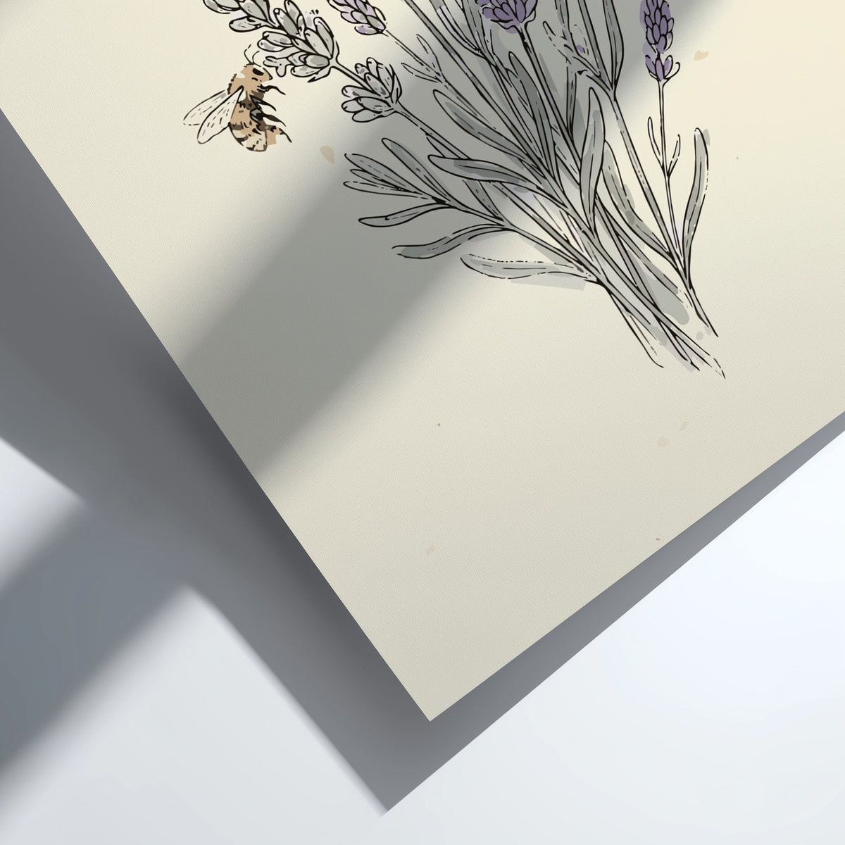 Poster featuring lavender stems and flying honeybees in a soft, sketched botanical art style.