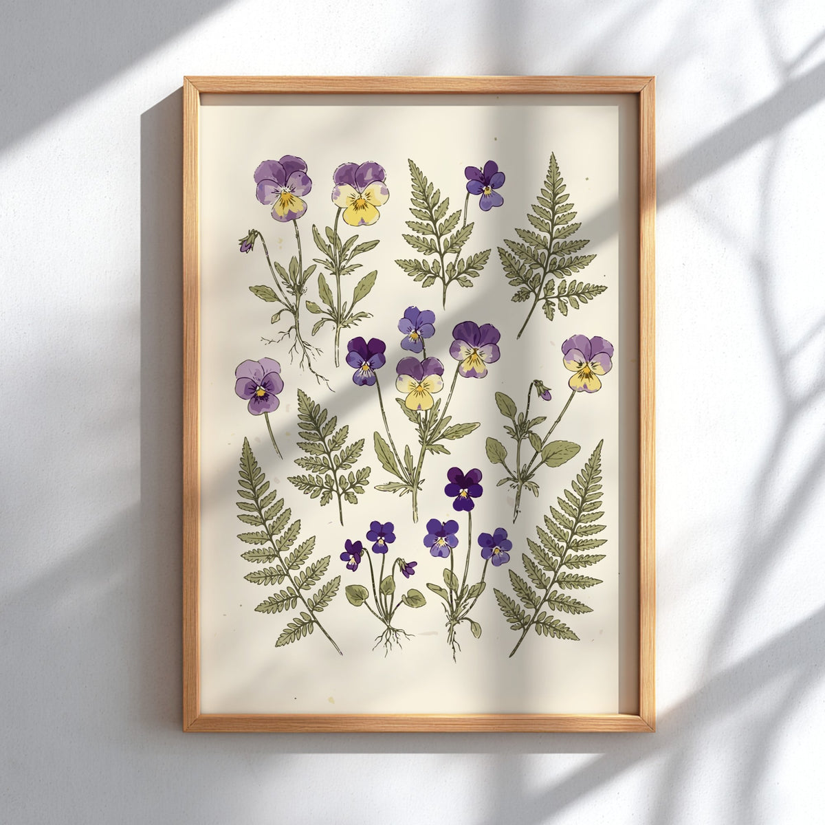 Botanical poster featuring purple pansy flowers and green fern fronds on cream background