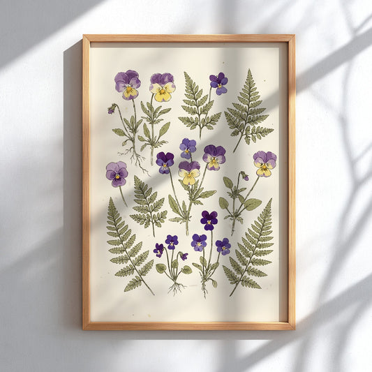 Botanical poster featuring purple pansy flowers and green fern fronds on cream background