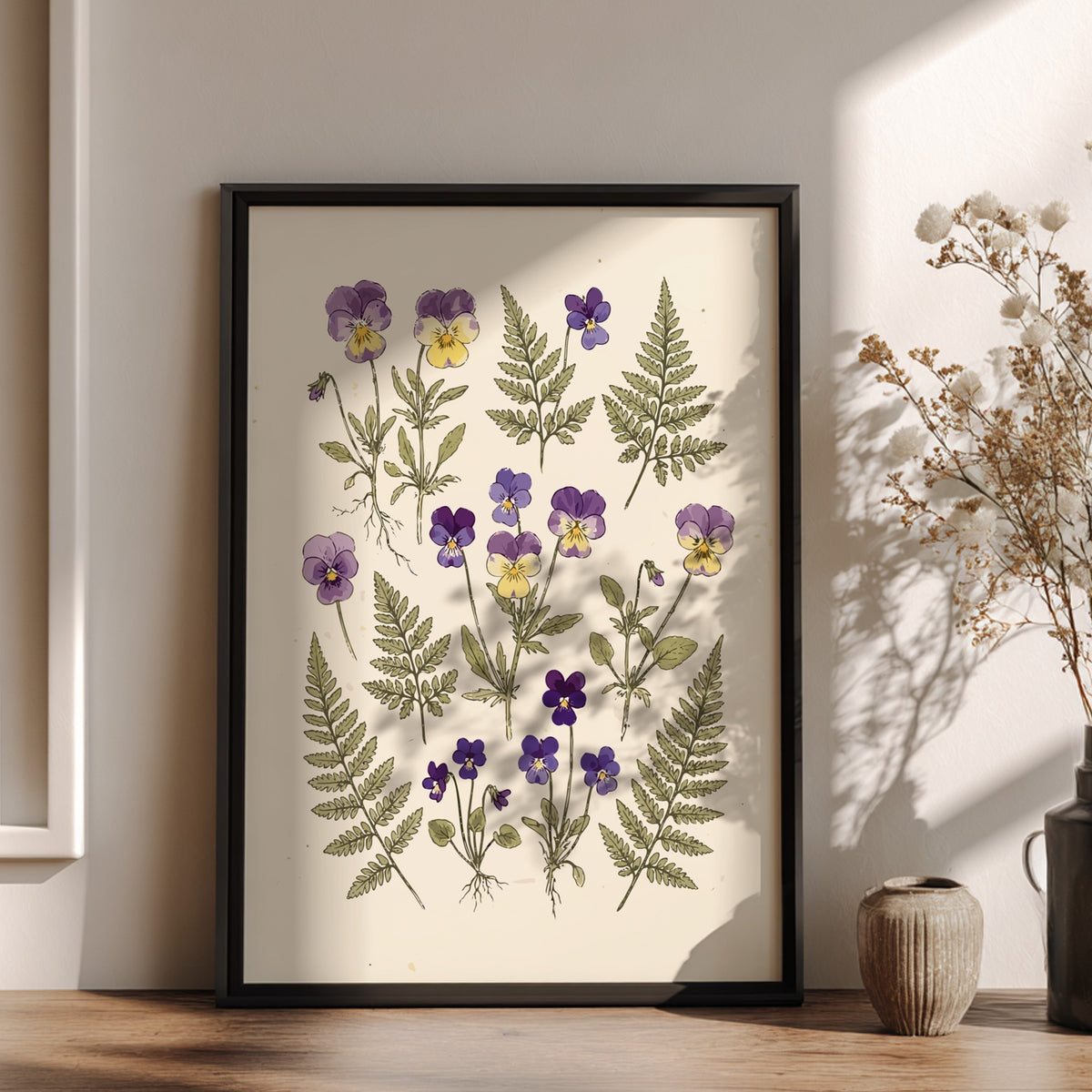 Botanical poster featuring purple pansy flowers and green fern fronds on cream background