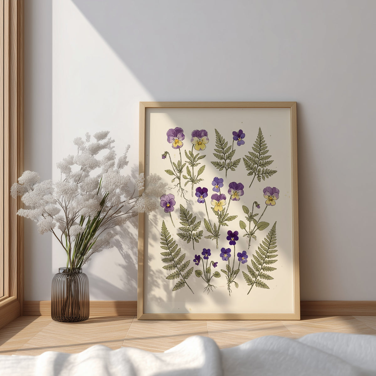 Botanical poster featuring purple pansy flowers and green fern fronds on cream background