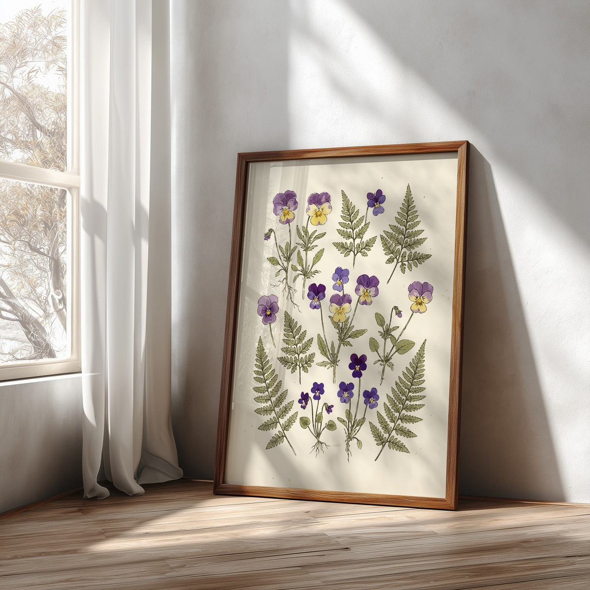 Botanical poster featuring purple pansy flowers and green fern fronds on cream background