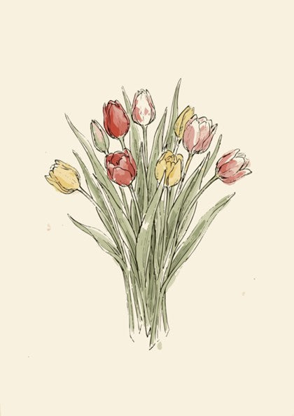Tulip bouquet poster featuring soft watercolour red and yellow flowers on cream background.