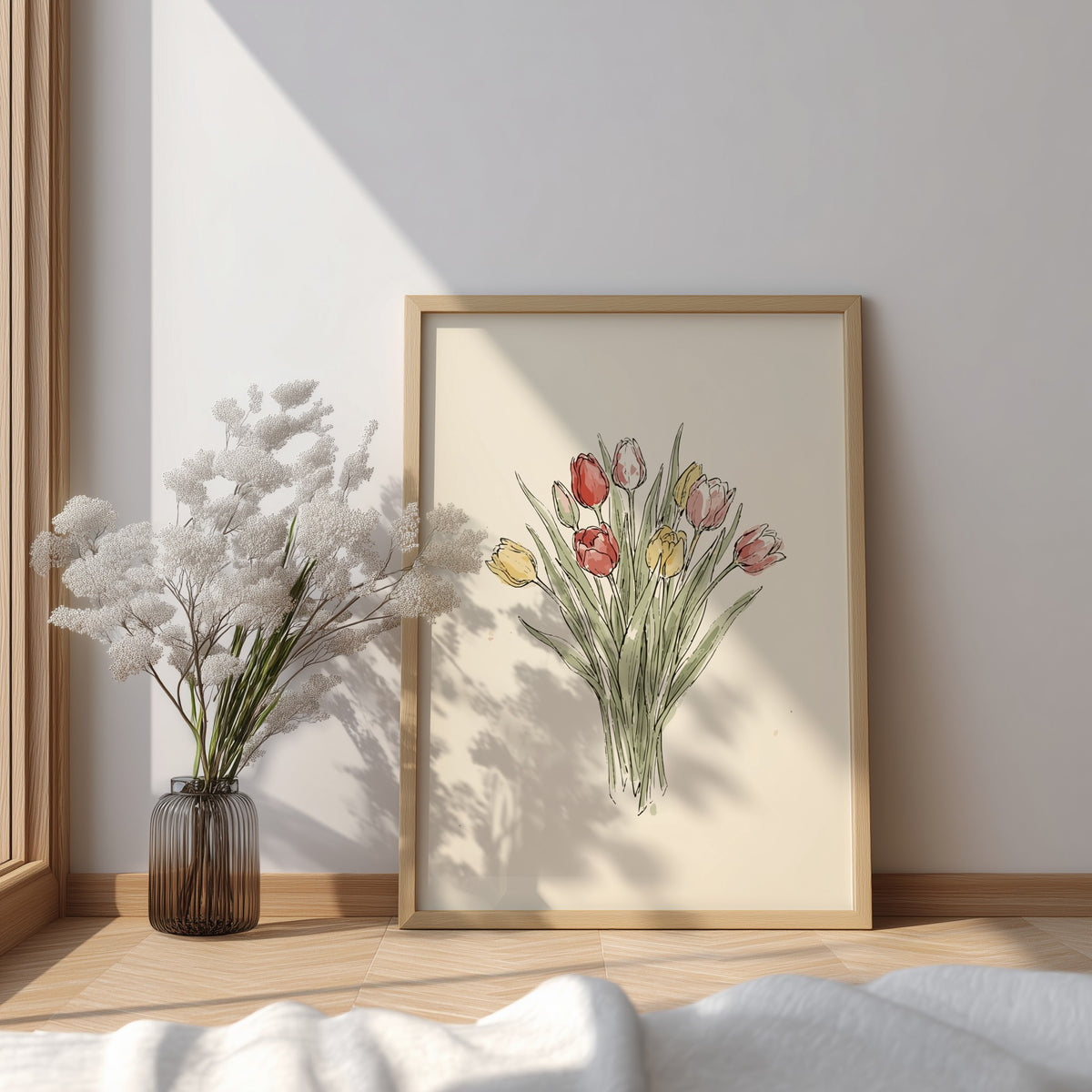 Tulip bouquet poster featuring soft watercolour red and yellow flowers on cream background.