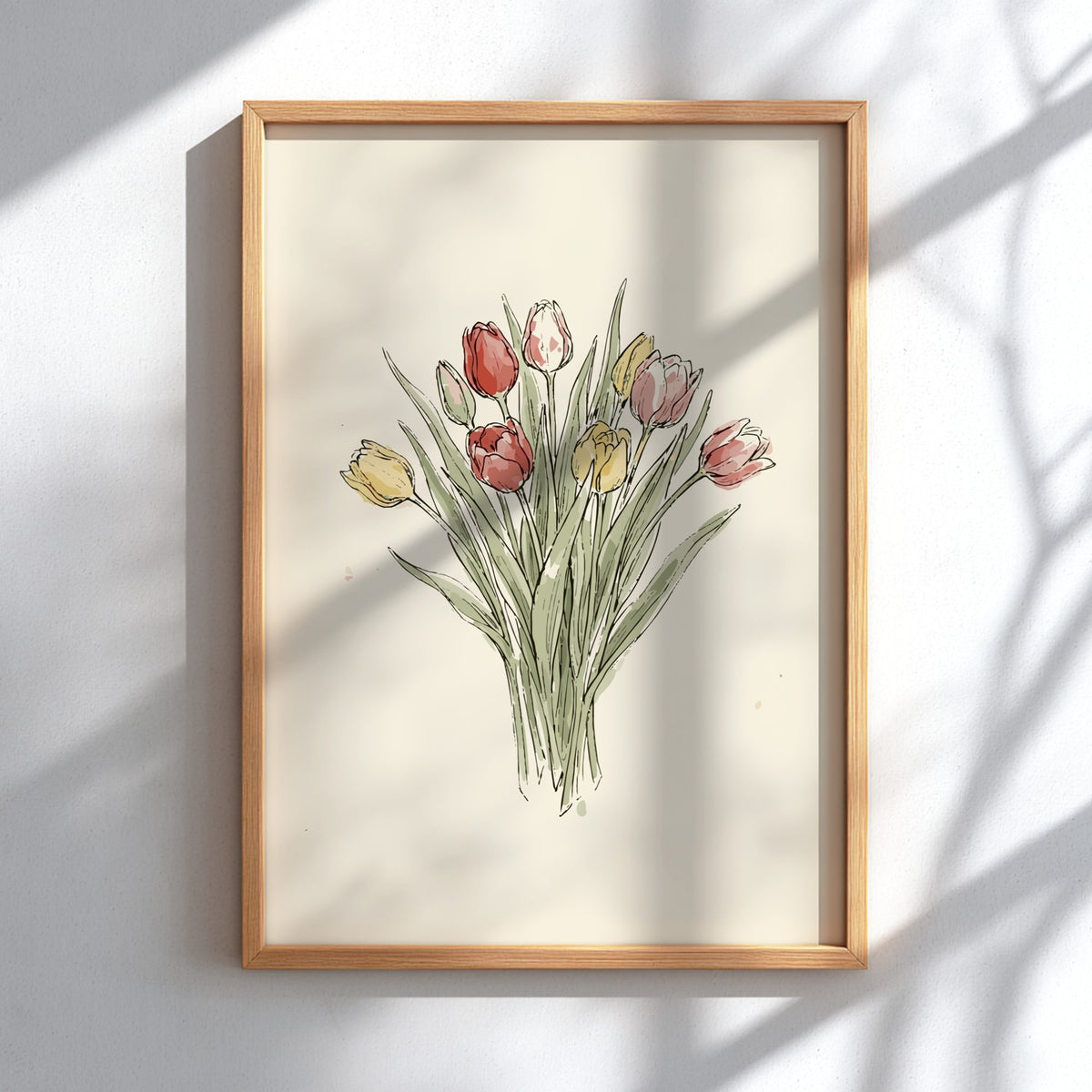 Tulip bouquet poster featuring soft watercolour red and yellow flowers on cream background.