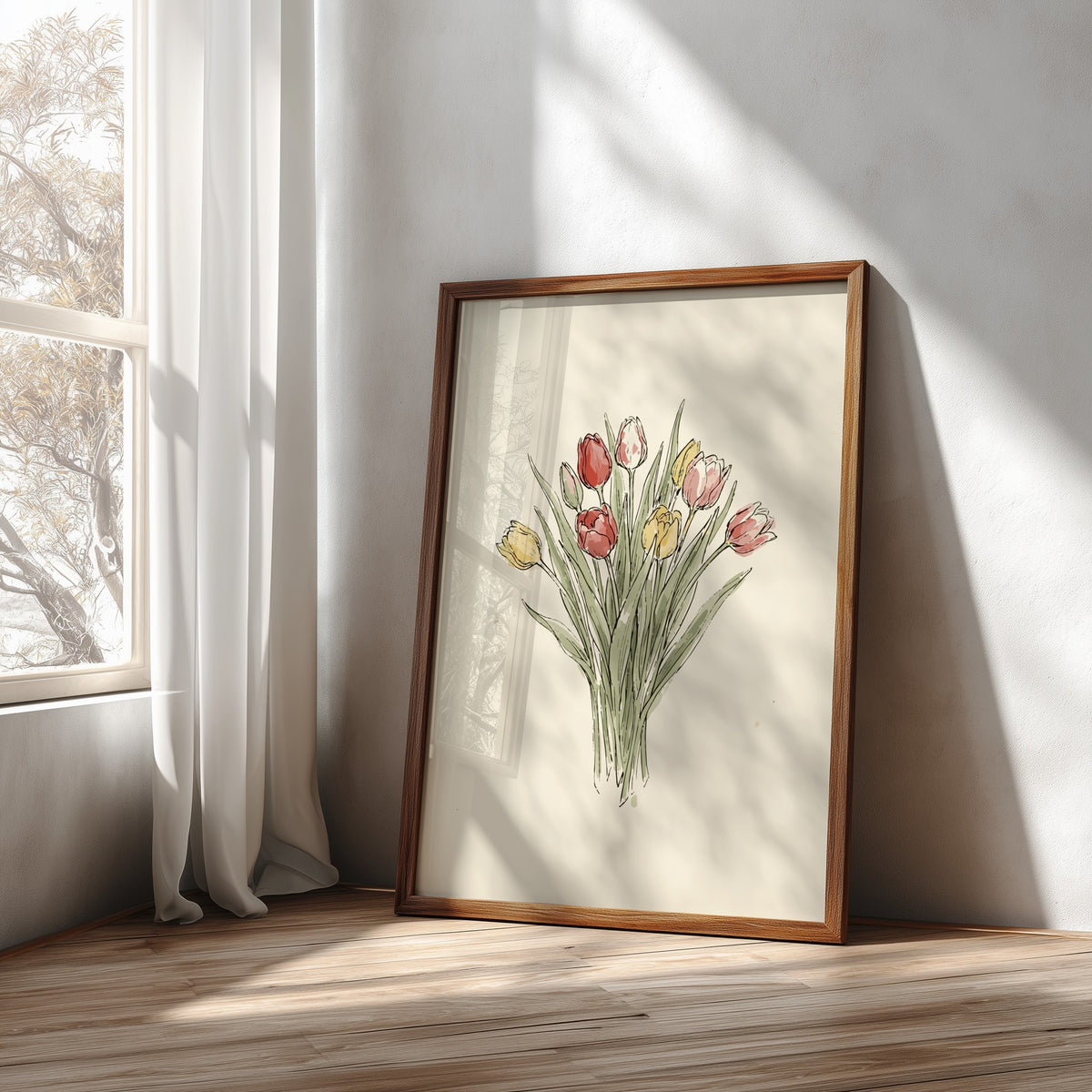 Tulip bouquet poster featuring soft watercolour red and yellow flowers on cream background.
