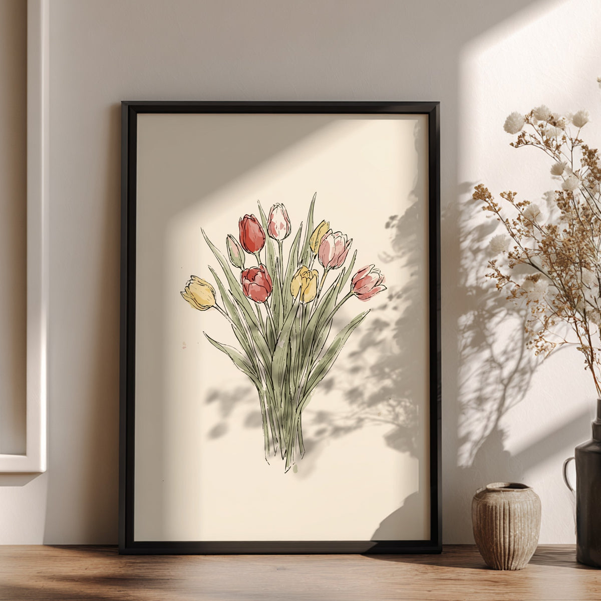 Tulip bouquet poster featuring soft watercolour red and yellow flowers on cream background.