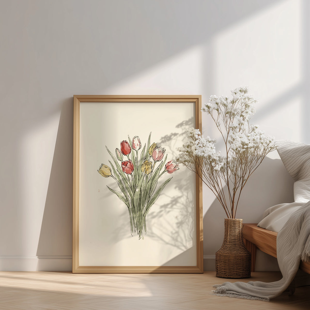 Tulip bouquet poster featuring soft watercolour red and yellow flowers on cream background.