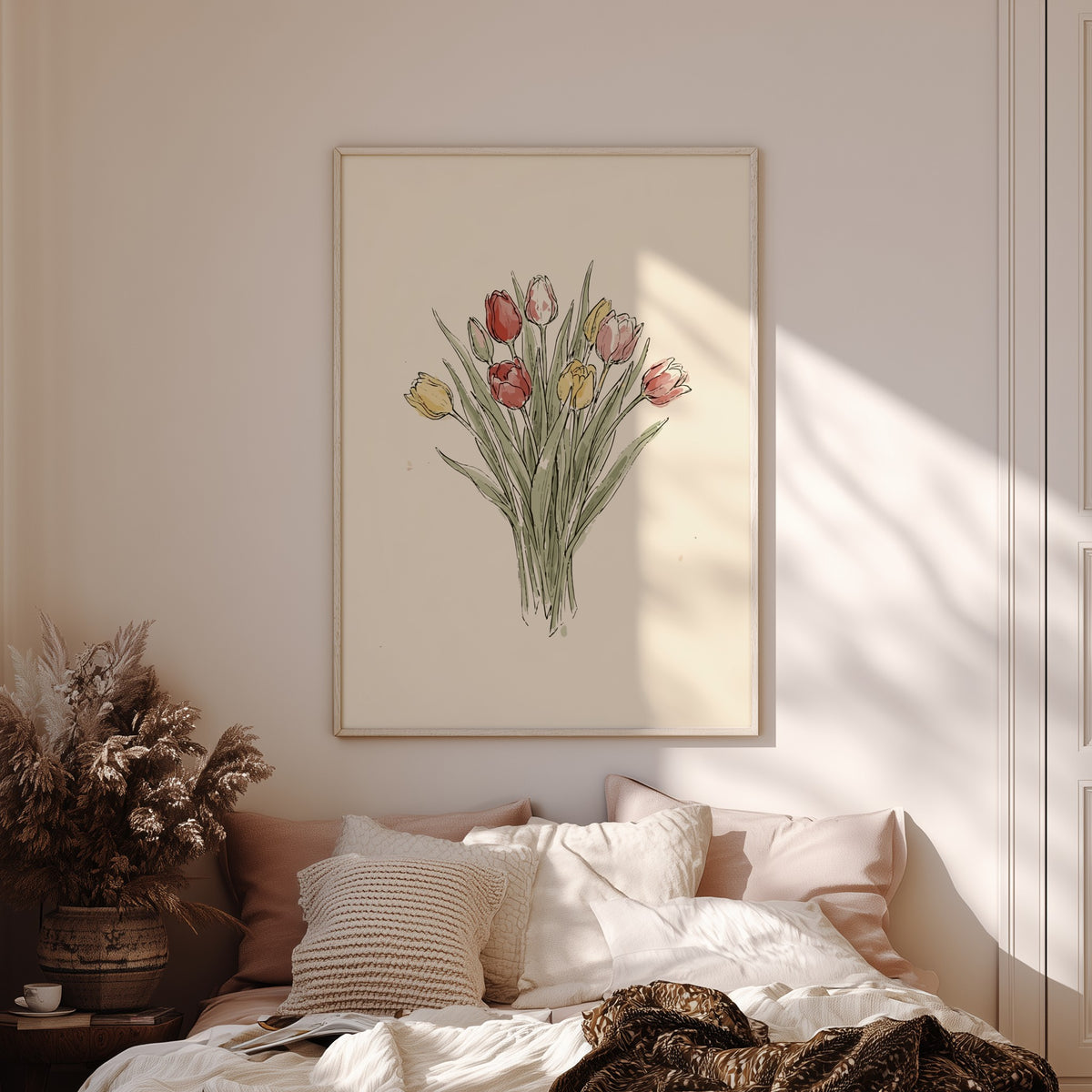 Tulip bouquet poster featuring soft watercolour red and yellow flowers on cream background.
