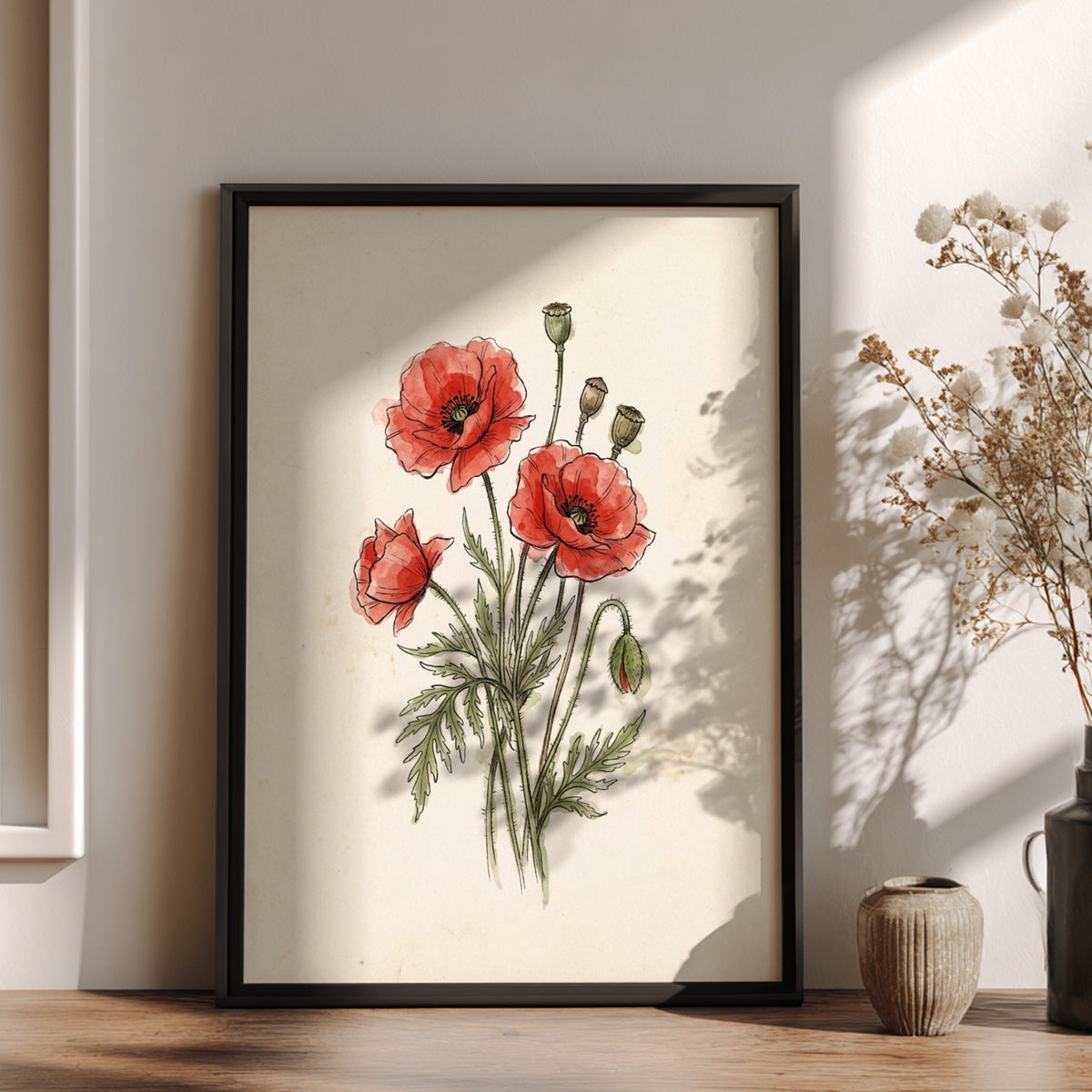 Poster featuring red poppies and seed pods illustrated in a delicate vintage botanical style.