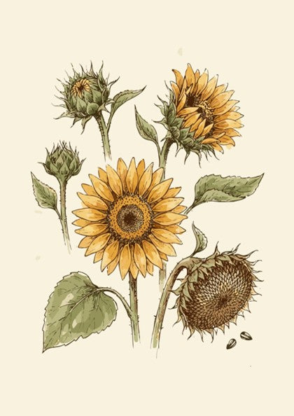 Sunflower botanical poster featuring multiple bloom stages in warm yellow and olive tones