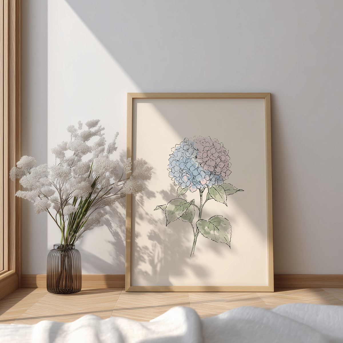 Hydrangea botanical illustration poster featuring soft blue and pink petals on a cream background.