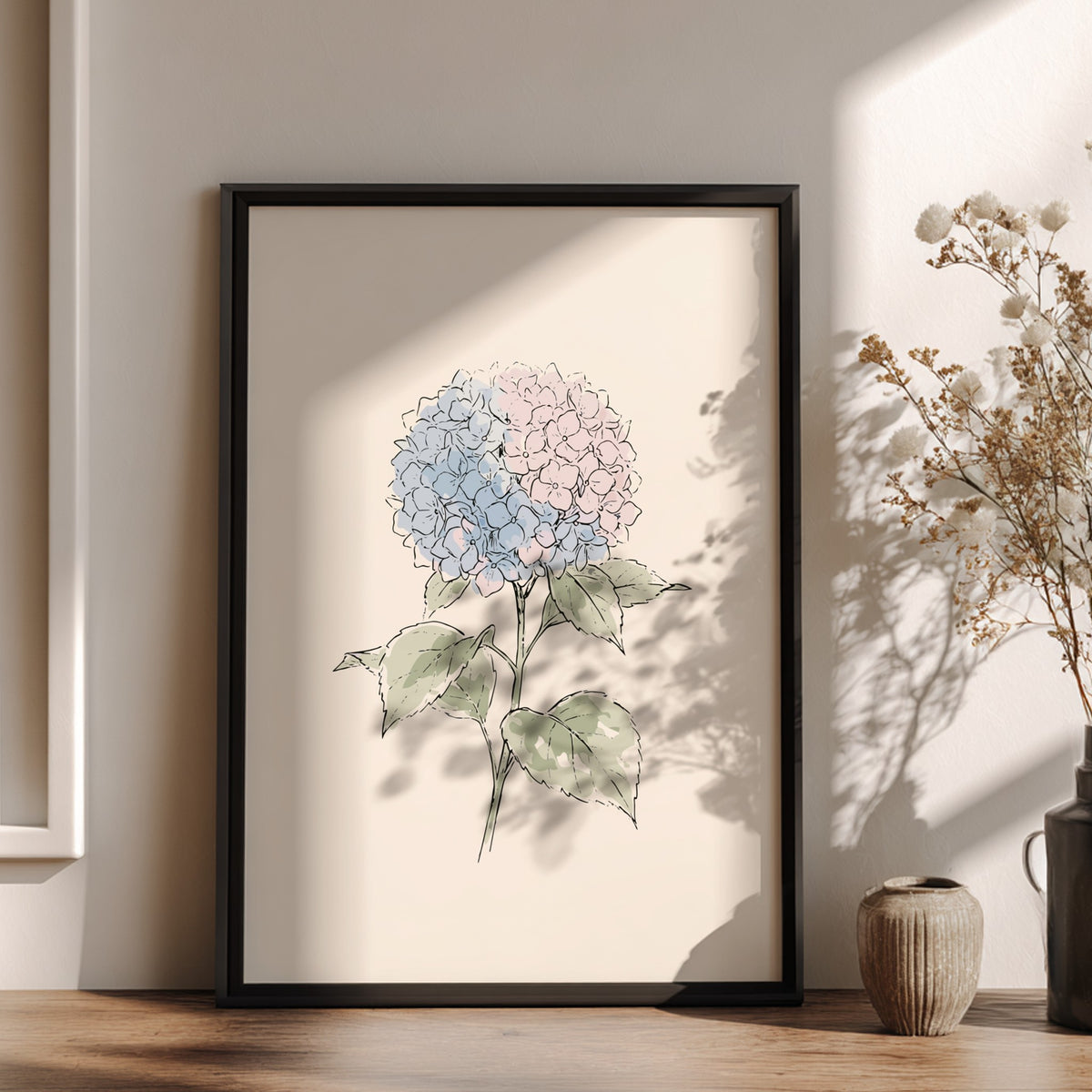 Hydrangea botanical illustration poster featuring soft blue and pink petals on a cream background.