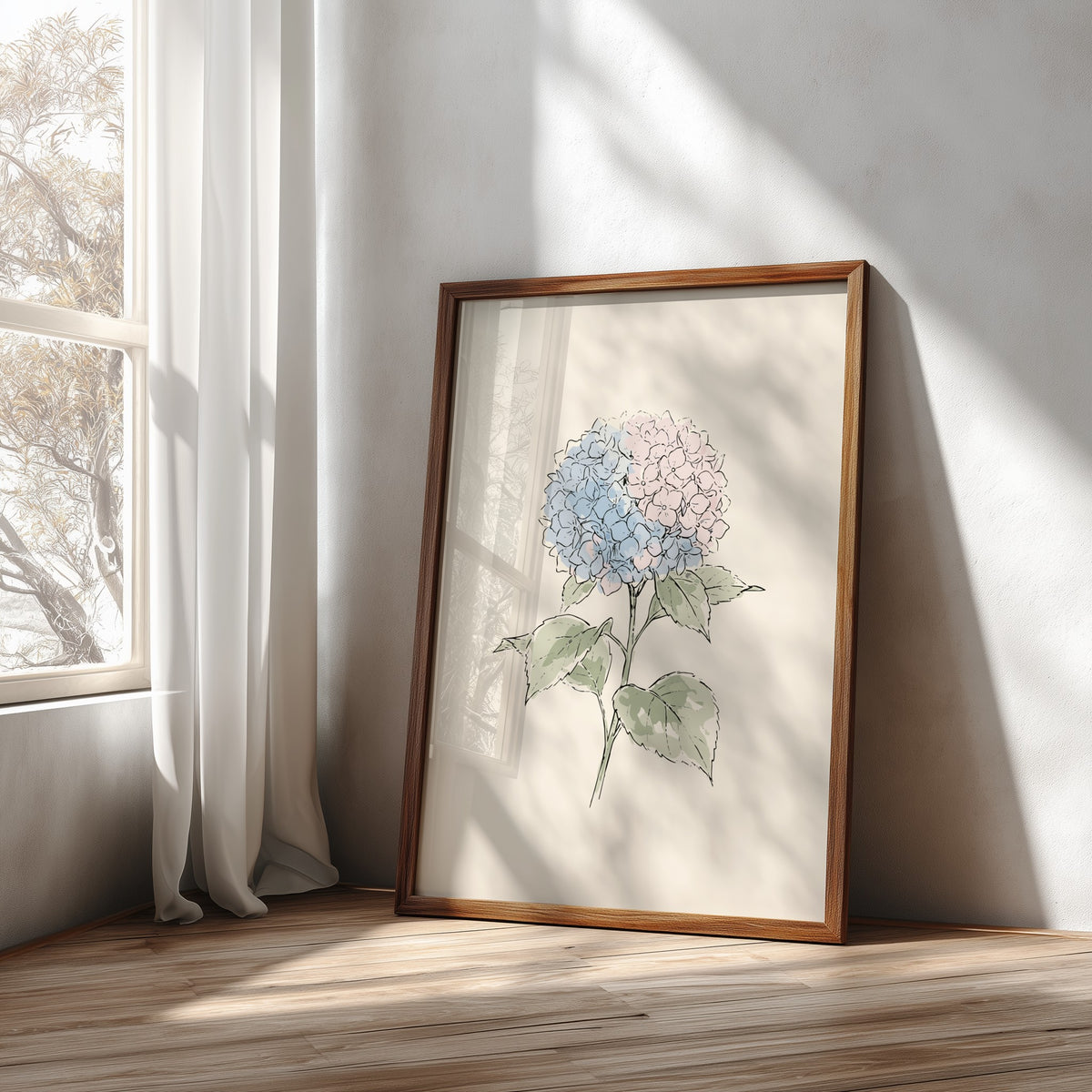 Hydrangea botanical illustration poster featuring soft blue and pink petals on a cream background.
