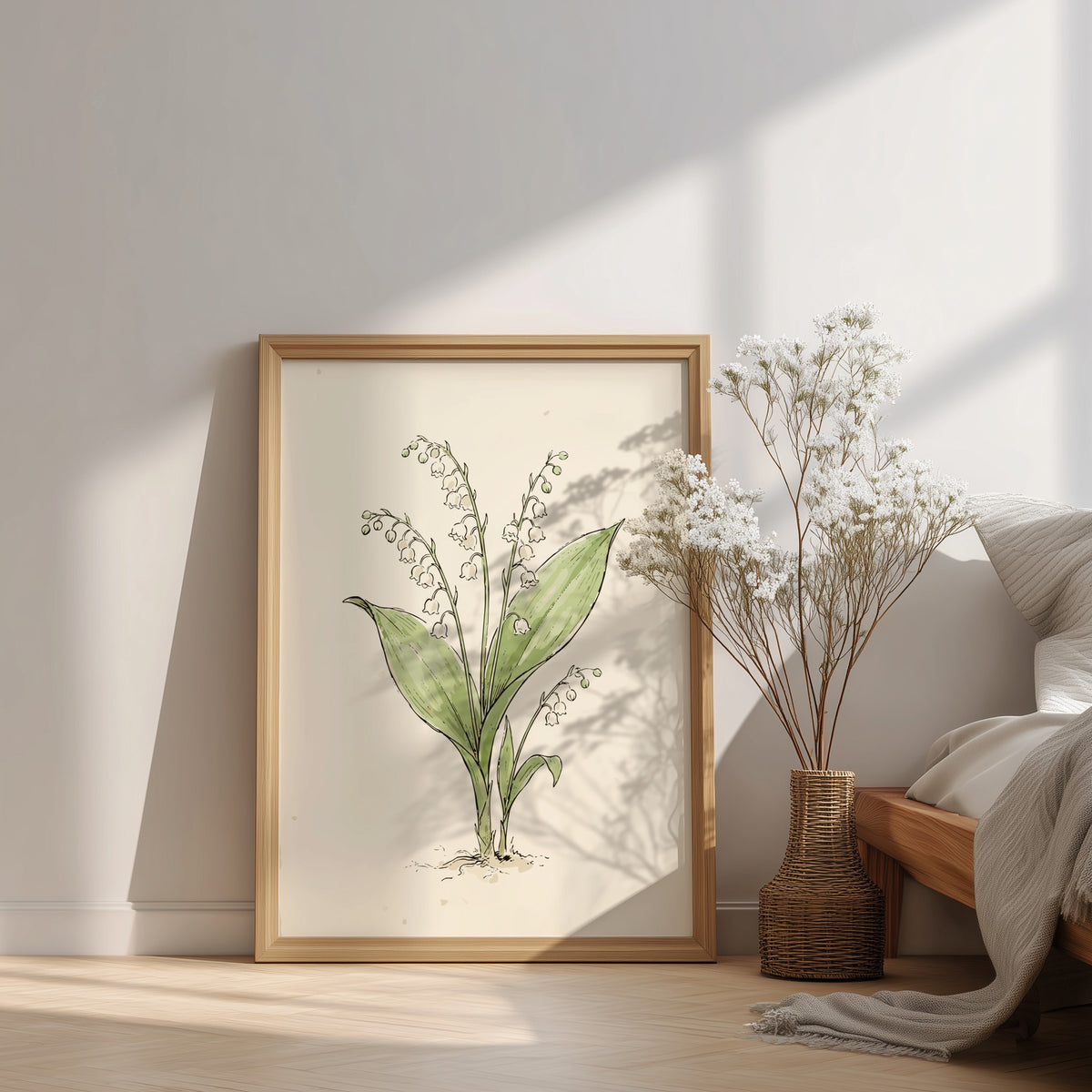 Poster featuring a delicate lily of the valley illustration with white bell-shaped flowers.