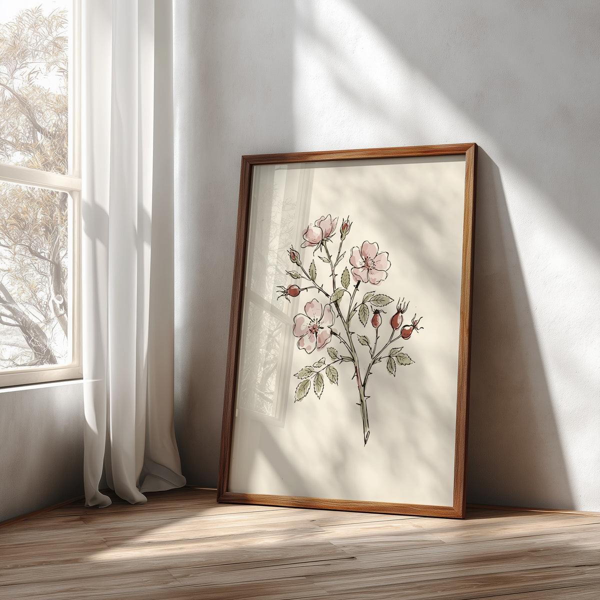Botanical poster featuring delicate wild rose flowers and rosehips in soft watercolour and ink.