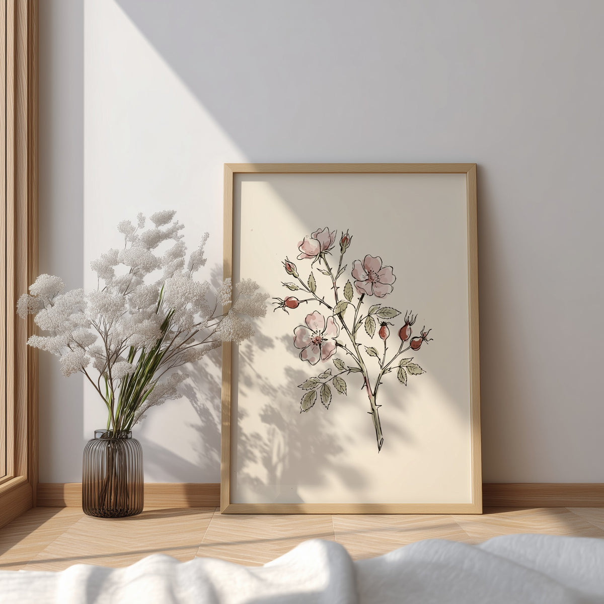 Botanical poster featuring delicate wild rose flowers and rosehips in soft watercolour and ink.