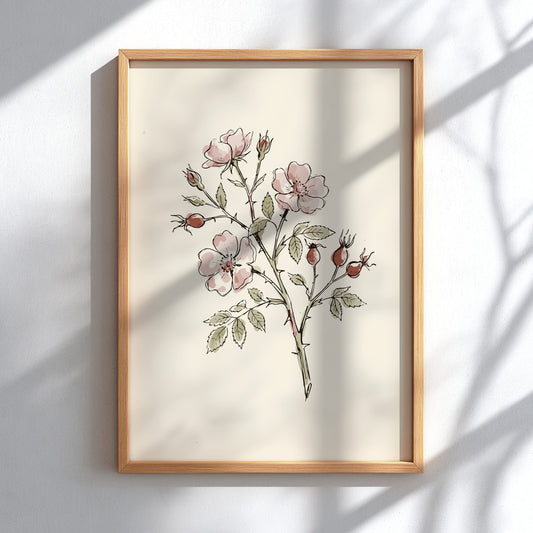 Botanical poster featuring delicate wild rose flowers and rosehips in soft watercolour and ink.