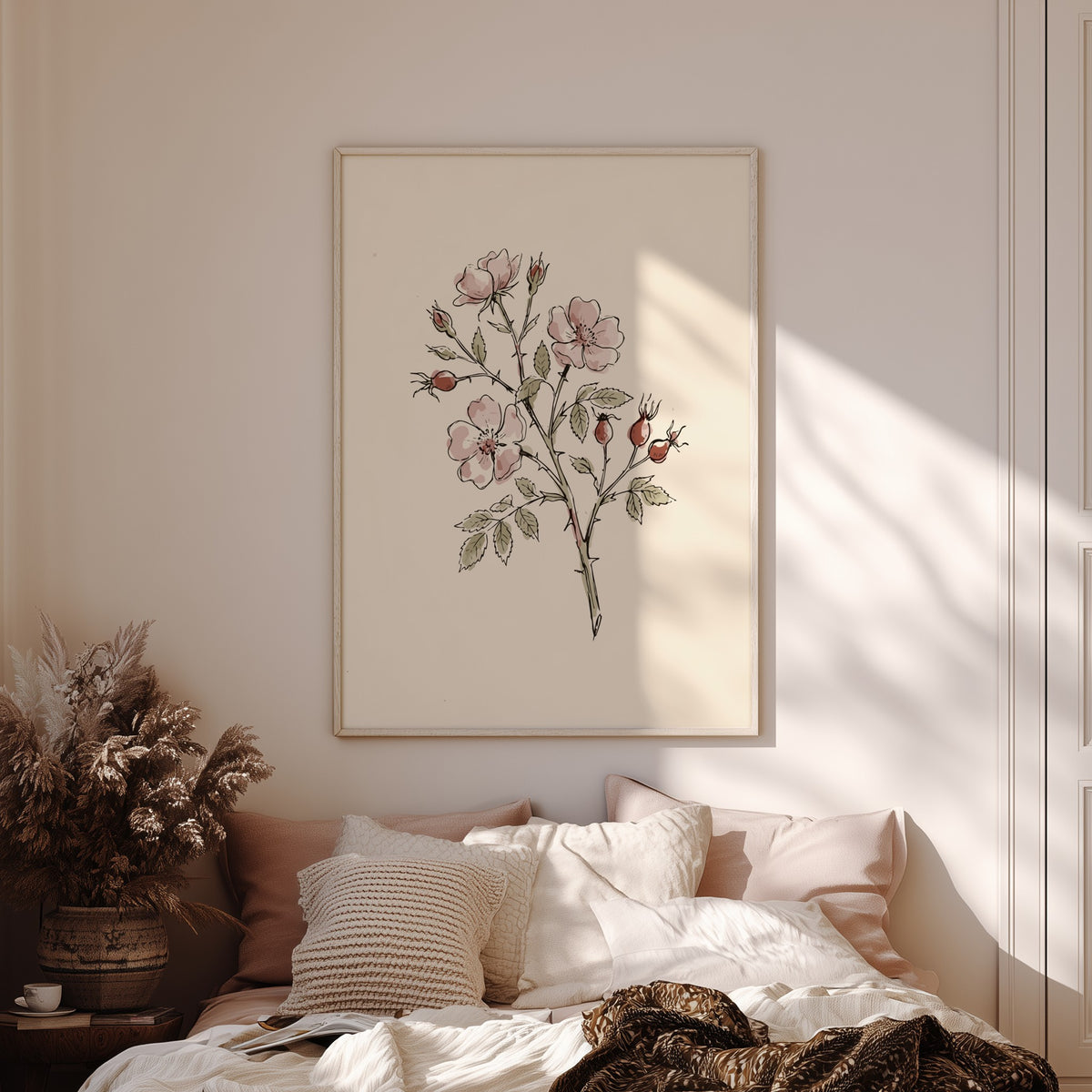 Botanical poster featuring delicate wild rose flowers and rosehips in soft watercolour and ink.