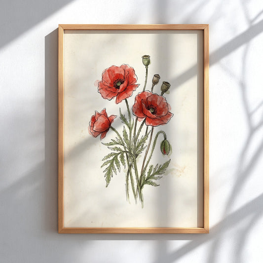 Poster featuring red poppies and seed pods illustrated in a delicate vintage botanical style.