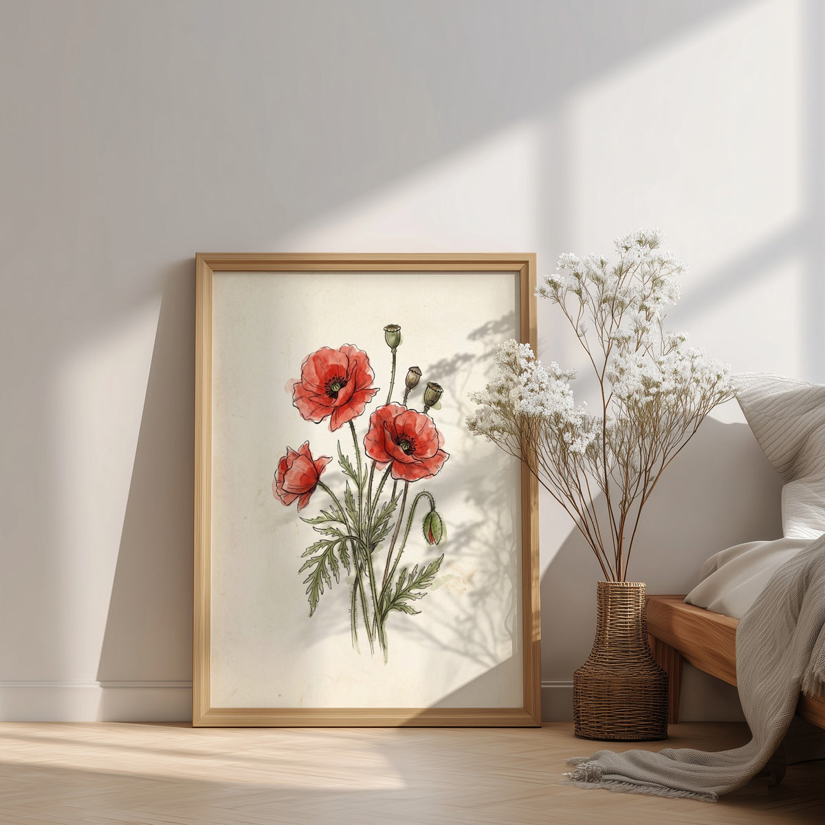 Poster featuring red poppies and seed pods illustrated in a delicate vintage botanical style.