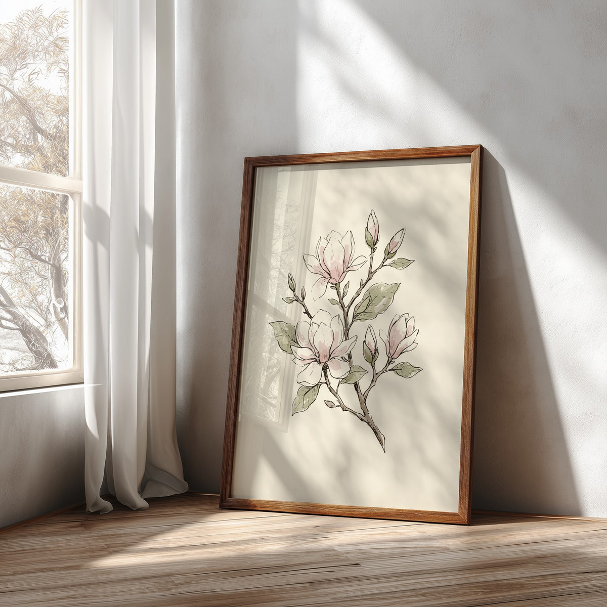 Magnolia blossom botanical poster with soft blush flowers and sage leaves on cream background.