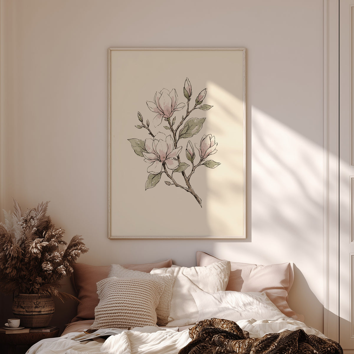 Magnolia blossom botanical poster with soft blush flowers and sage leaves on cream background.