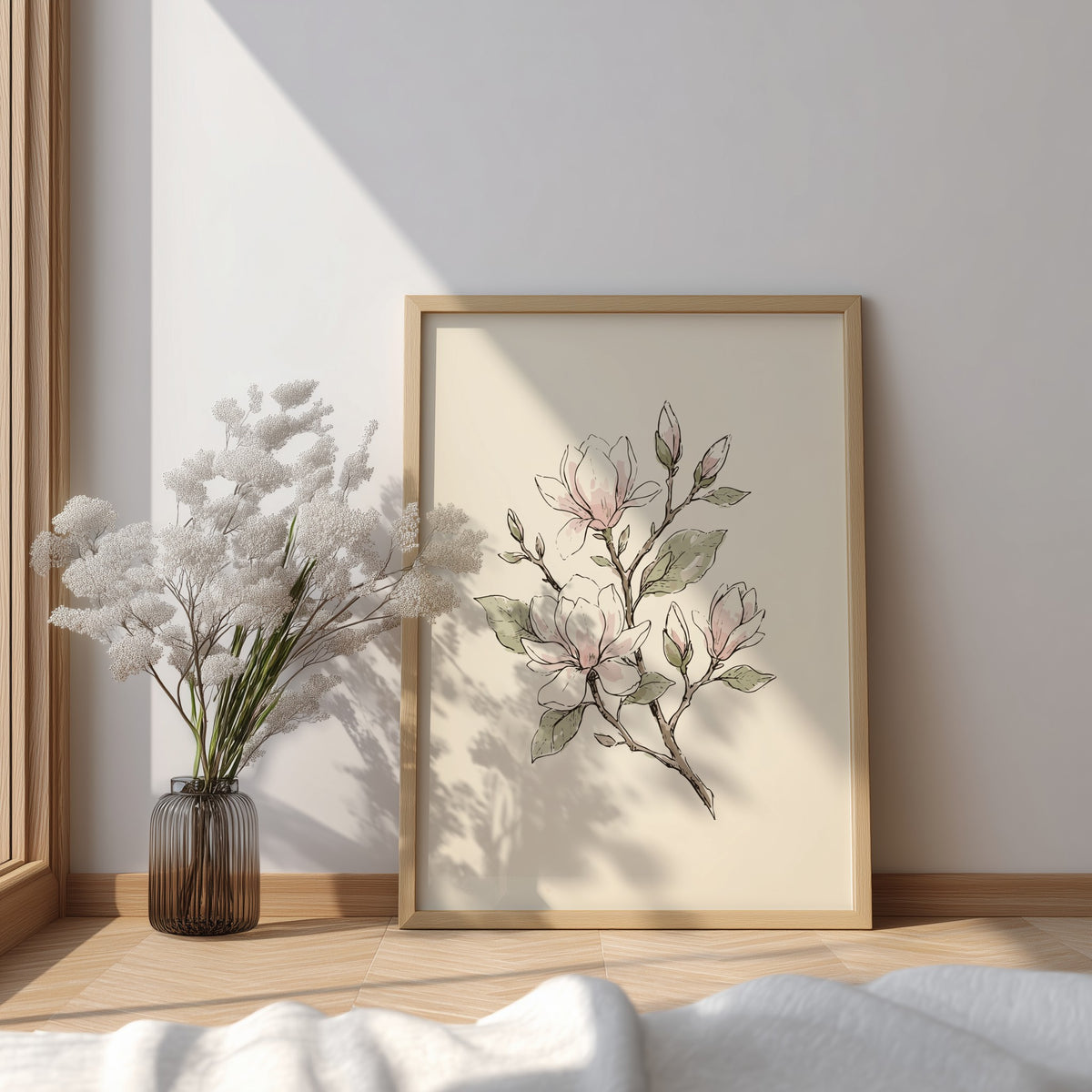 Magnolia blossom botanical poster with soft blush flowers and sage leaves on cream background.