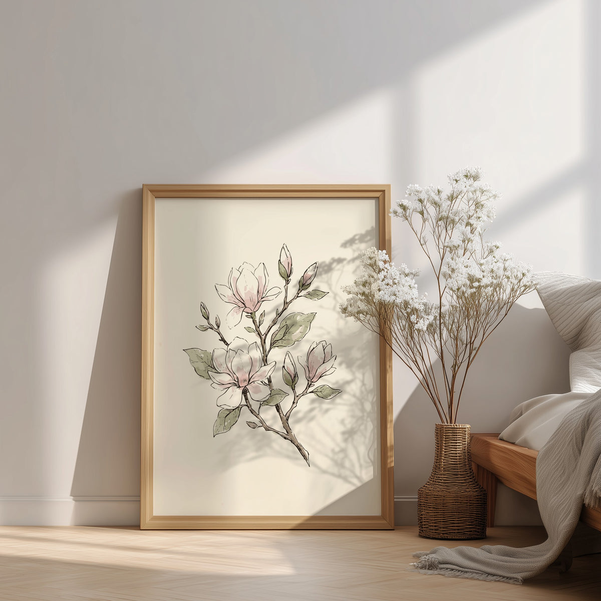 Magnolia blossom botanical poster with soft blush flowers and sage leaves on cream background.